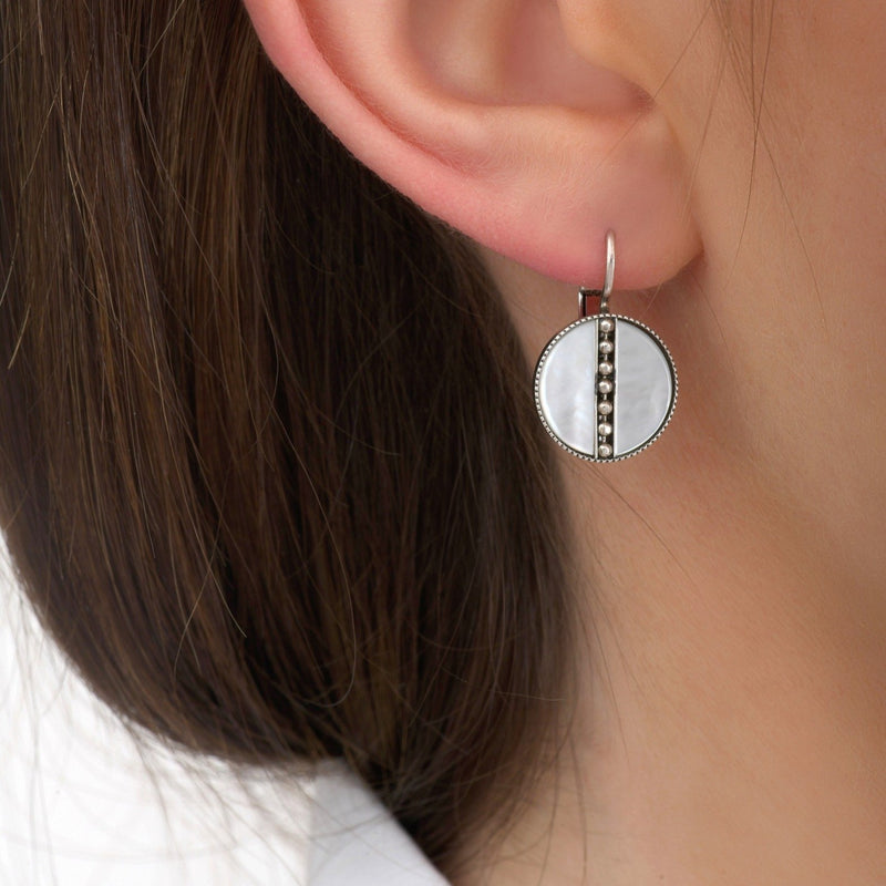 Dainty Silver and Mother of Pearl Drop Earrings by Satellite Paris