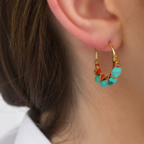 Small Beaded Turquoise Hoop Earrings by Satellite Paris