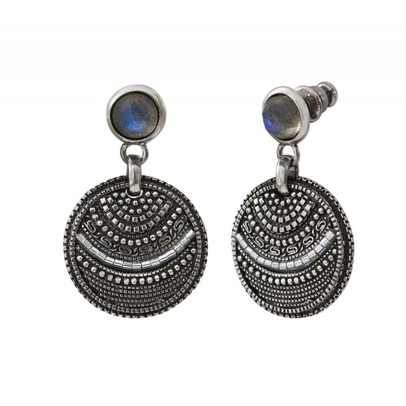 Delicate Silver and Labradorite Post Pierced Disc Earrings by Satellite Paris