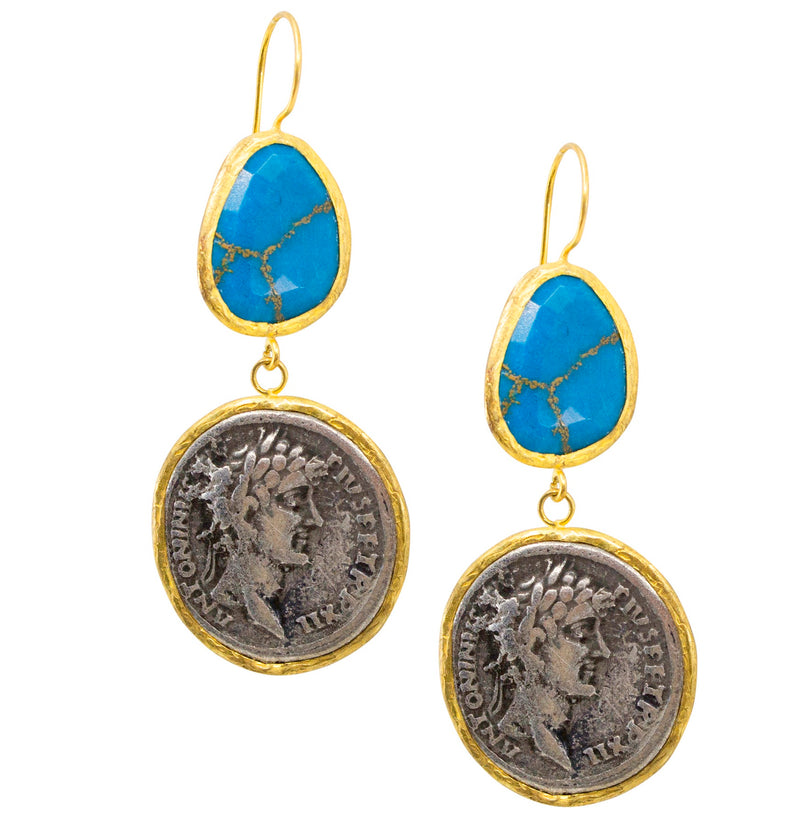 Ottoman Inspired Roman Coin Turquoise Drop Earrings